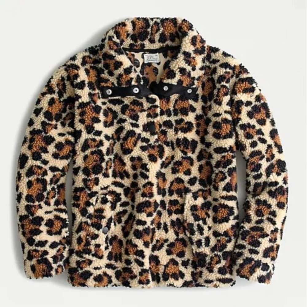 J.CREW Leopard Snap-Collar Sherpa Sweatshirt XXS